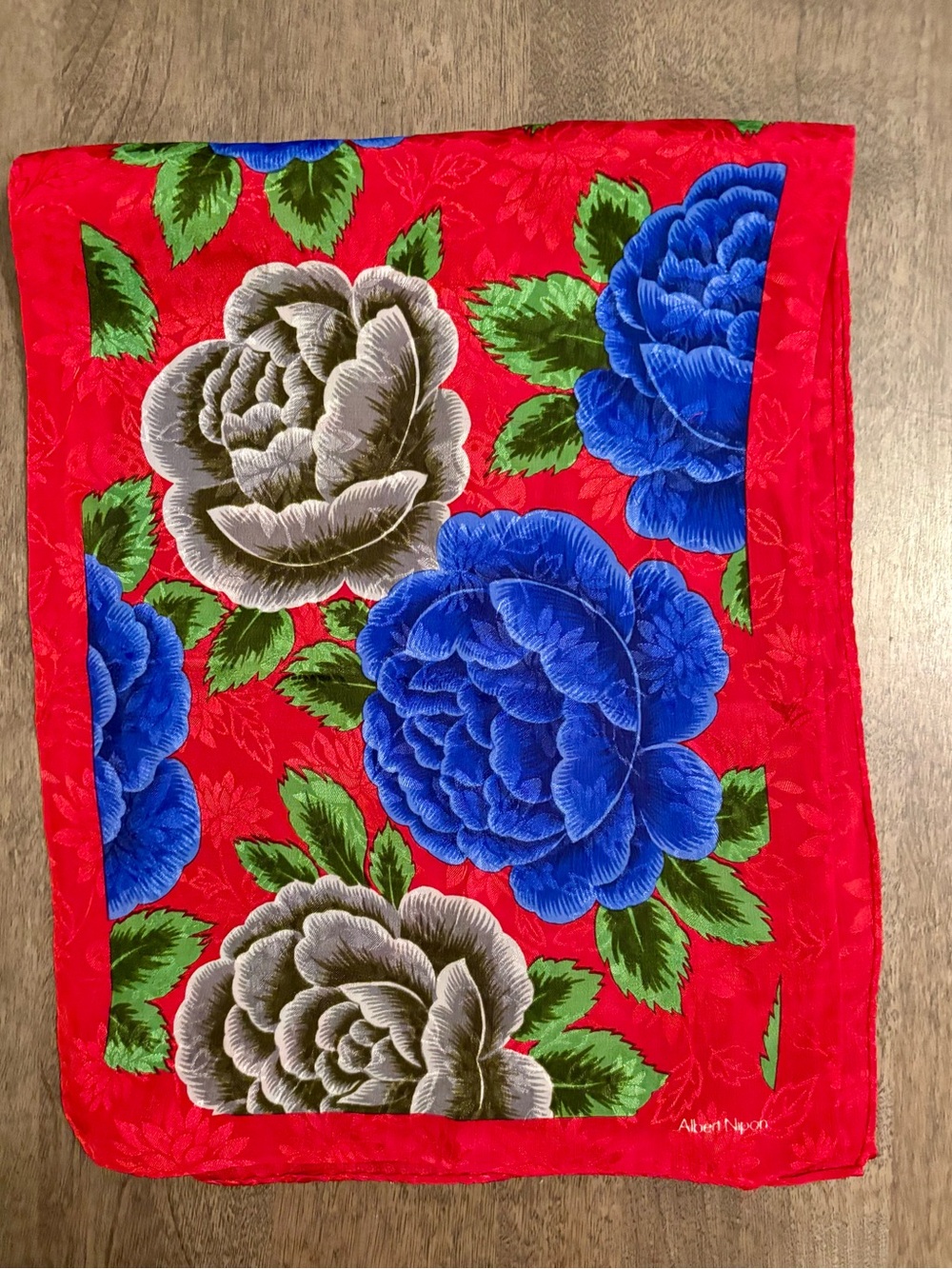 Albert Nipon Vintage Oblong Silk Red Floral Scarf with Bold Blue & Gray Blooms